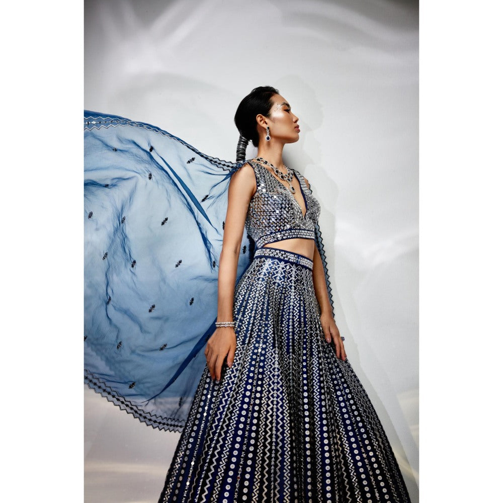 AKARA Women's Midnight Blue Mirror Work Stitched Blouse with Lehenga and Dupatta (Set of 3)