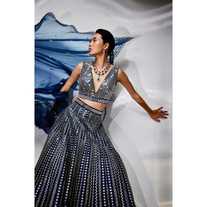 AKARA Women's Midnight Blue Mirror Work Stitched Blouse with Lehenga and Dupatta (Set of 3)