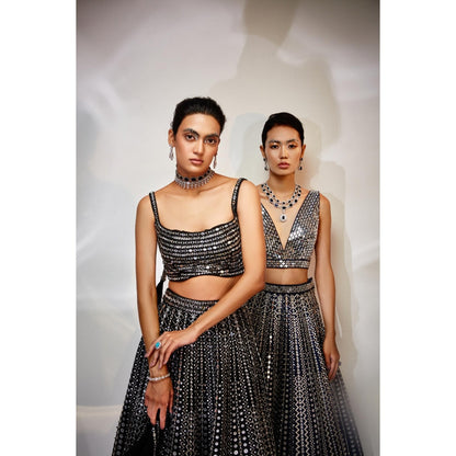 AKARA Women's Midnight Black Mirror Work Stitched Blouse with Lehenga and Dupatta (Set of 3)