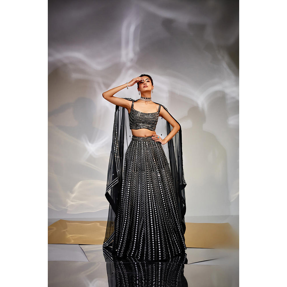 AKARA Women's Midnight Black Mirror Work Stitched Blouse with Lehenga and Dupatta (Set of 3)