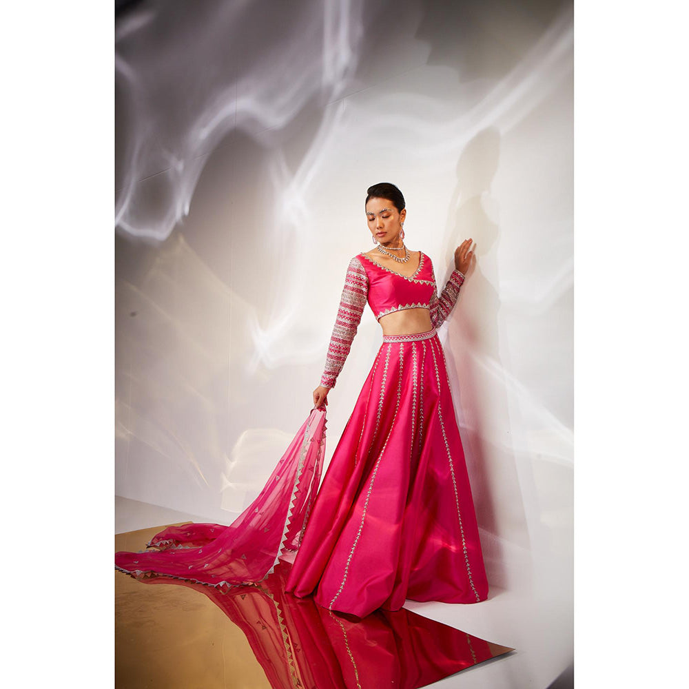 AKARA Women's Pink Embellished Stitched Blouse with Lehenga and Dupatta (Set of 3)