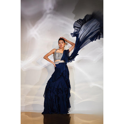 AKARA Women's Blue Embellished Pre Drape Saree with Stitched Blouse & Belt