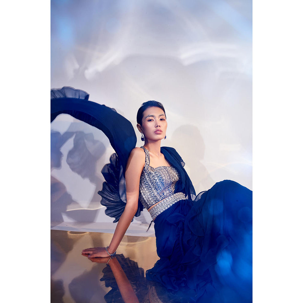 AKARA Women's Blue Embellished Pre Drape Saree with Stitched Blouse & Belt