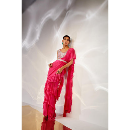 AKARA Women's Ruffle Embellished Pre Drape Saree with Stitched Blouse & Belt with Stitched