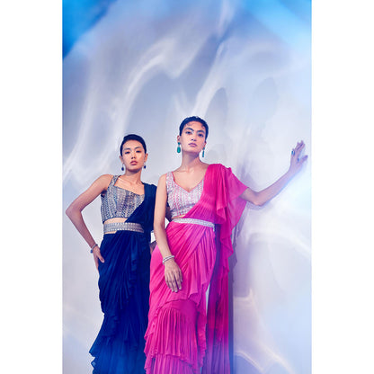 AKARA Women's Ruffle Embellished Pre Drape Saree with Stitched Blouse & Belt with Stitched