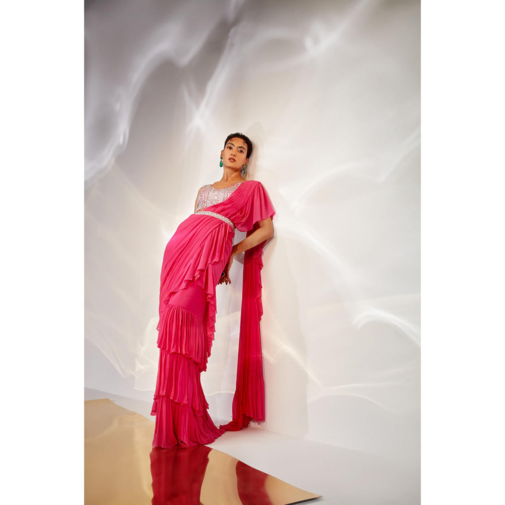 AKARA Women's Ruffle Embellished Pre Drape Saree with Stitched Blouse & Belt with Stitched