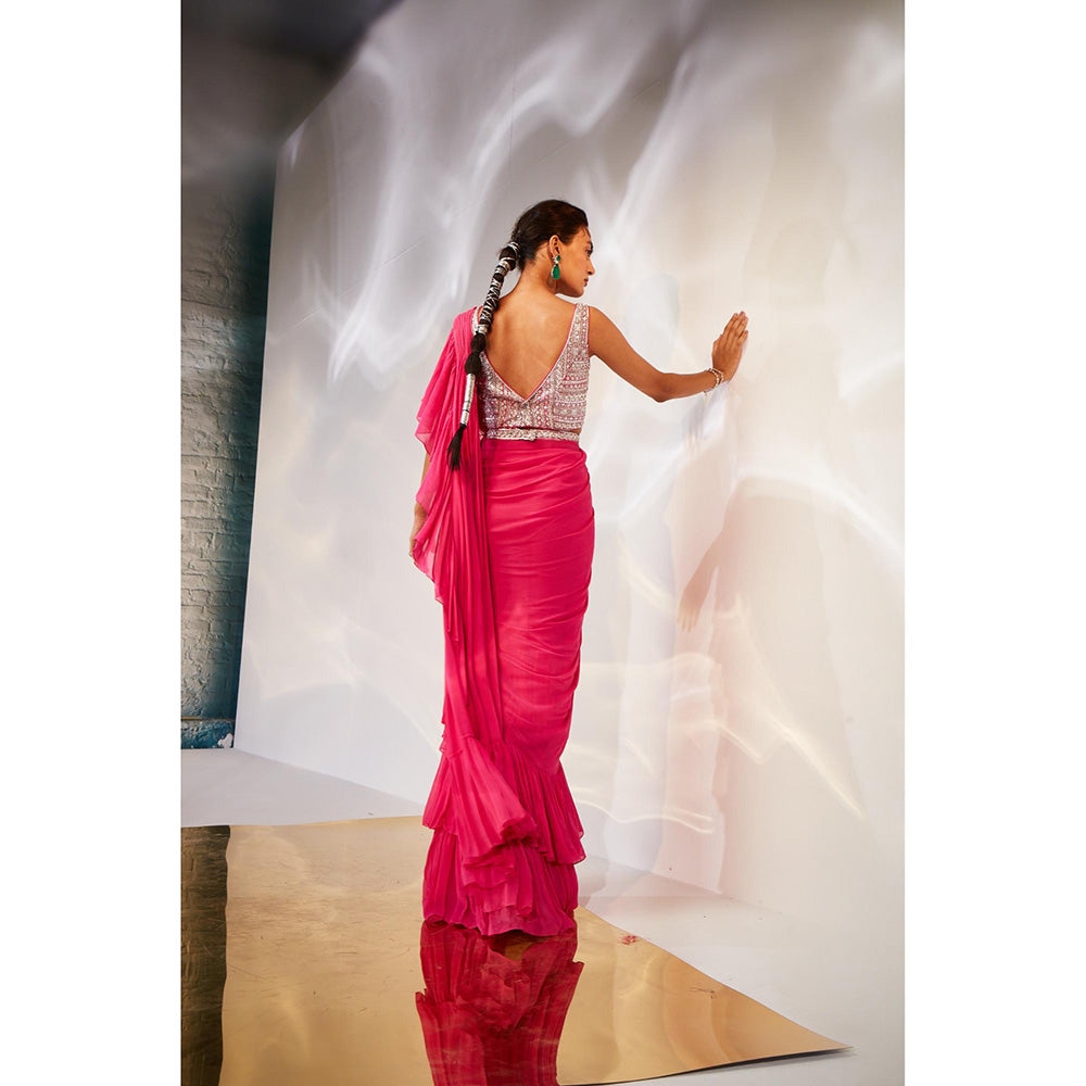 AKARA Women's Ruffle Embellished Pre Drape Saree with Stitched Blouse & Belt with Stitched