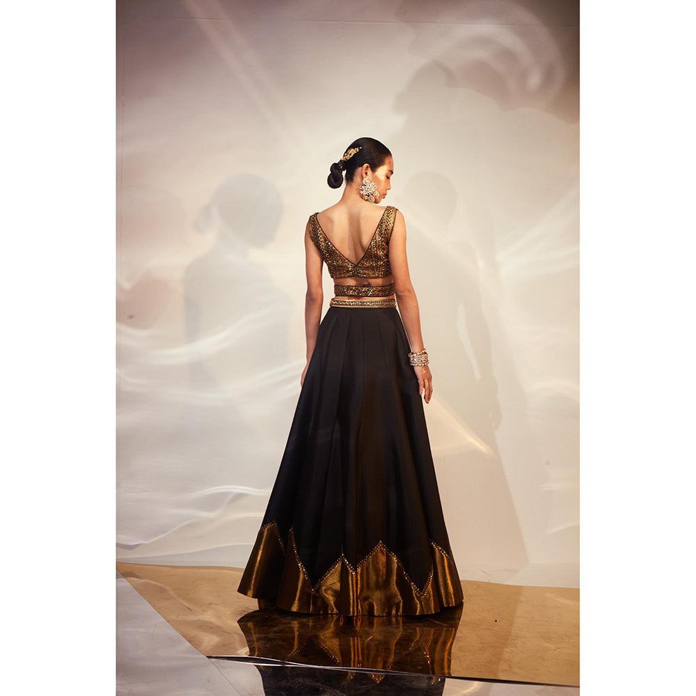 AKARA Women's Black & Gold Embellished Stitched Blouse with Lehenga and Dupatta (Set of 3)