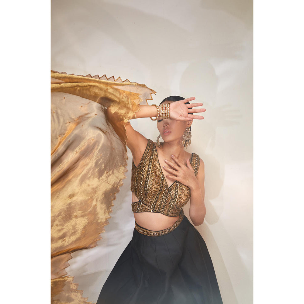 AKARA Women's Black & Gold Embellished Stitched Blouse with Lehenga and Dupatta (Set of 3)