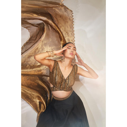 AKARA Women's Black & Gold Embellished Stitched Blouse with Lehenga and Dupatta (Set of 3)