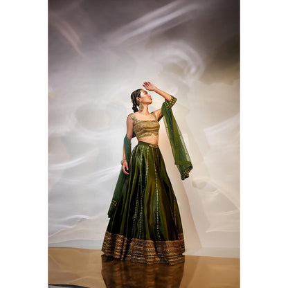 AKARA Women's Green Embellished Stitched Blouse with Lehenga and Dupatta (Set of 3)