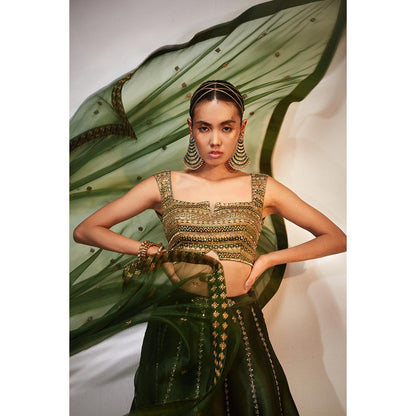 AKARA Women's Green Embellished Stitched Blouse with Lehenga and Dupatta (Set of 3)