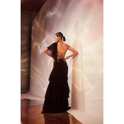 AKARA Women's Black Embellished Pre Drape Saree with Stitched Blouse & Belt