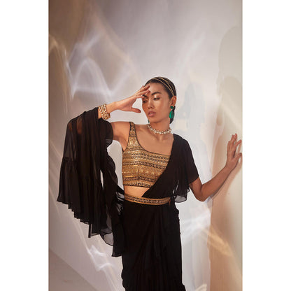 AKARA Women's Black Embellished Pre Drape Saree with Stitched Blouse & Belt