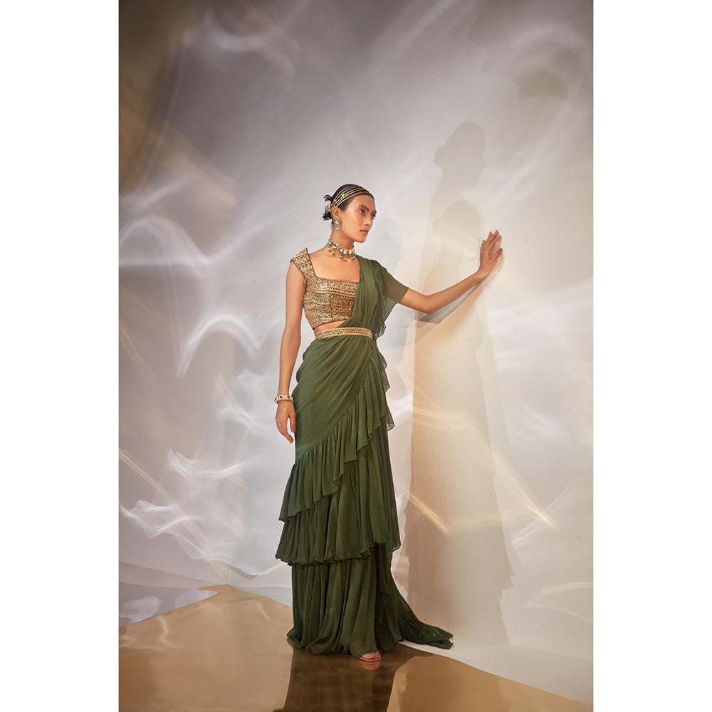 AKARA Women's Ruffle Embellished Pre Drape Saree with Stitched Blouse & Belt