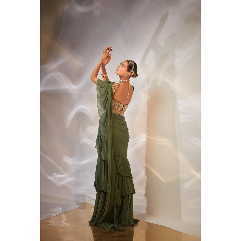 AKARA Women's Ruffle Embellished Pre Drape Saree with Stitched Blouse & Belt