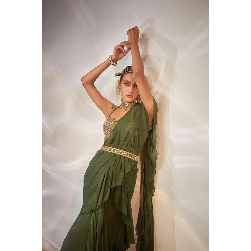 AKARA Women's Ruffle Embellished Pre Drape Saree with Stitched Blouse & Belt