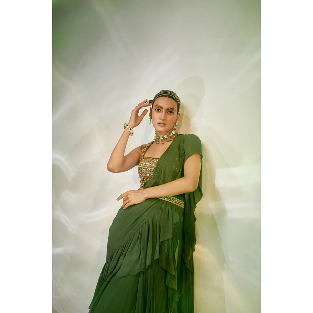 AKARA Women's Ruffle Embellished Pre Drape Saree with Stitched Blouse & Belt