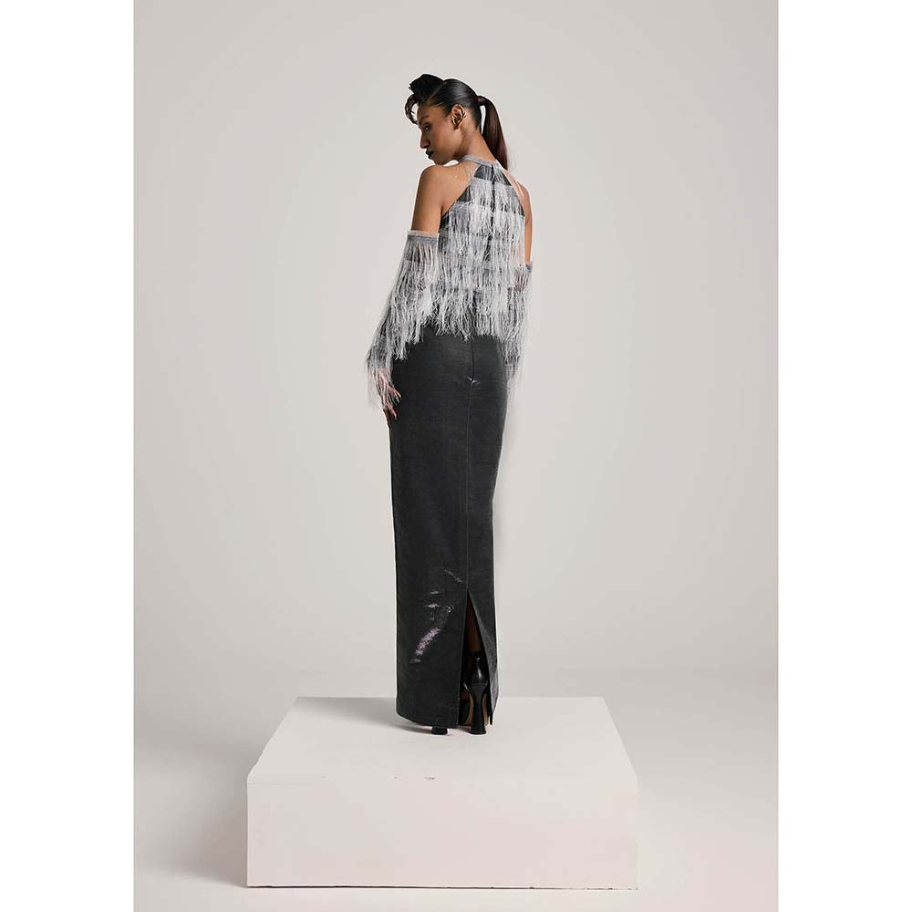 AKHL Charcoal Glass Halter Fringe Dress