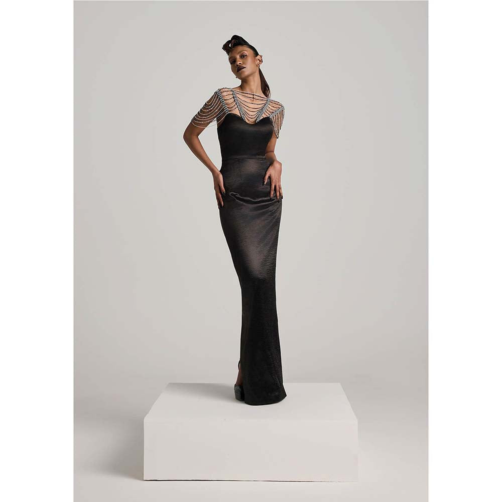 AKHL Black Textured Satin Sequins Pencil Dress