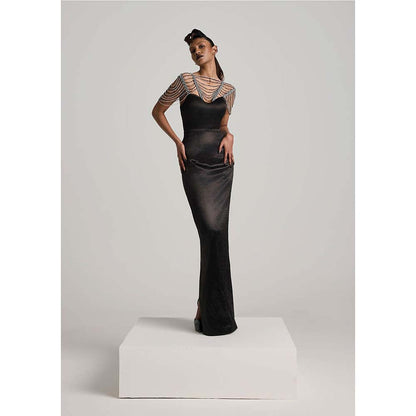 AKHL Black Textured Satin Sequins Pencil Dress