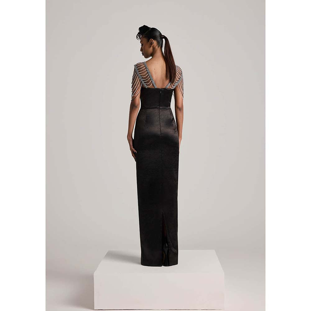 AKHL Black Textured Satin Sequins Pencil Dress