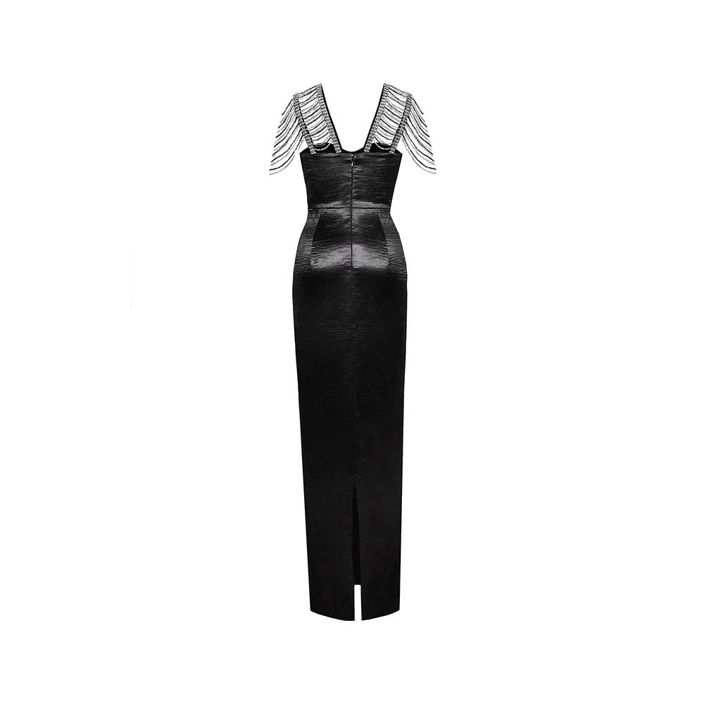 AKHL Black Textured Satin Sequins Pencil Dress
