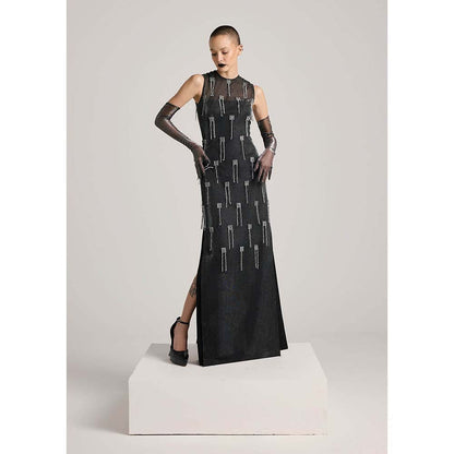AKHL Charcoal Lurex Tulle Sequins Tassel Dress with Slip (Set of 2)