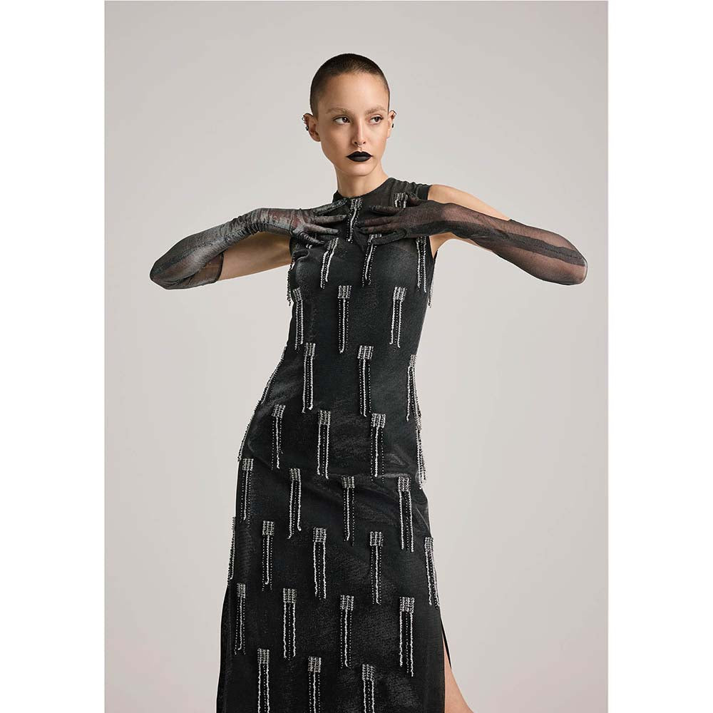 AKHL Charcoal Lurex Tulle Sequins Tassel Dress with Slip (Set of 2)