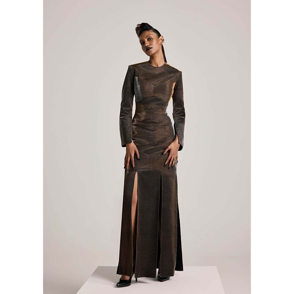 AKHL Brown Gathered Lurex Tulle Dress