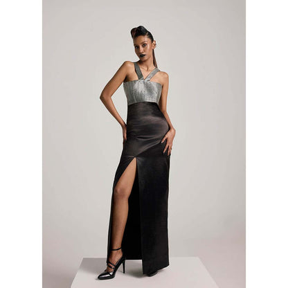 AKHL Black Textured Satin Slit Dress