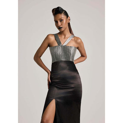 AKHL Black Textured Satin Slit Dress