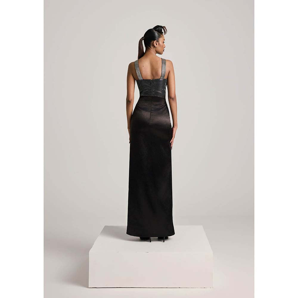 AKHL Black Textured Satin Slit Dress