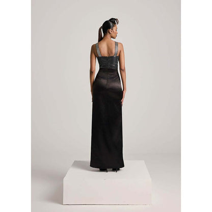 AKHL Black Textured Satin Slit Dress
