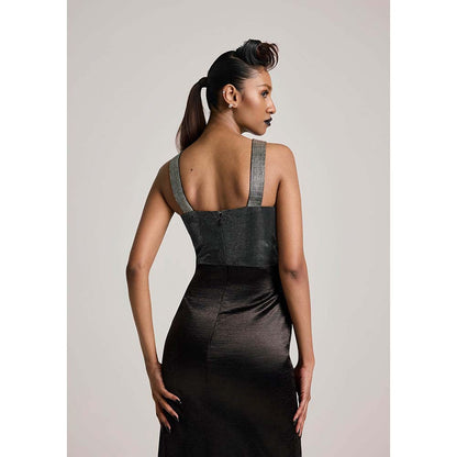 AKHL Black Textured Satin Slit Dress