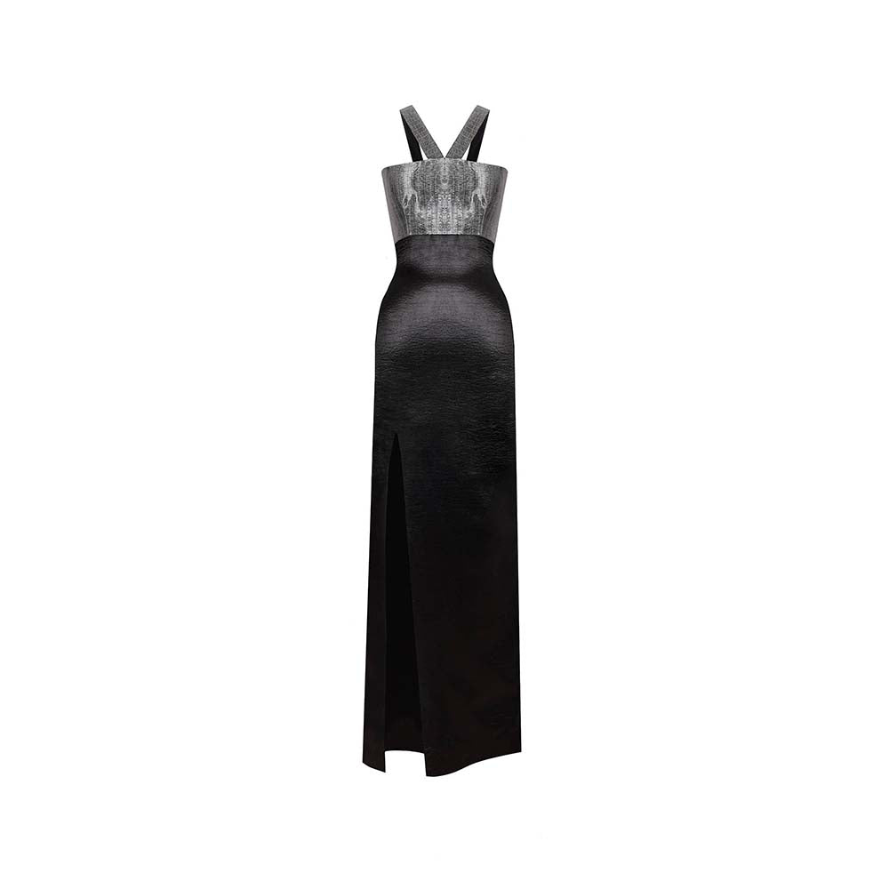 AKHL Black Textured Satin Slit Dress