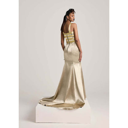 AKHL Gold Metallic Fishtail Train Dress