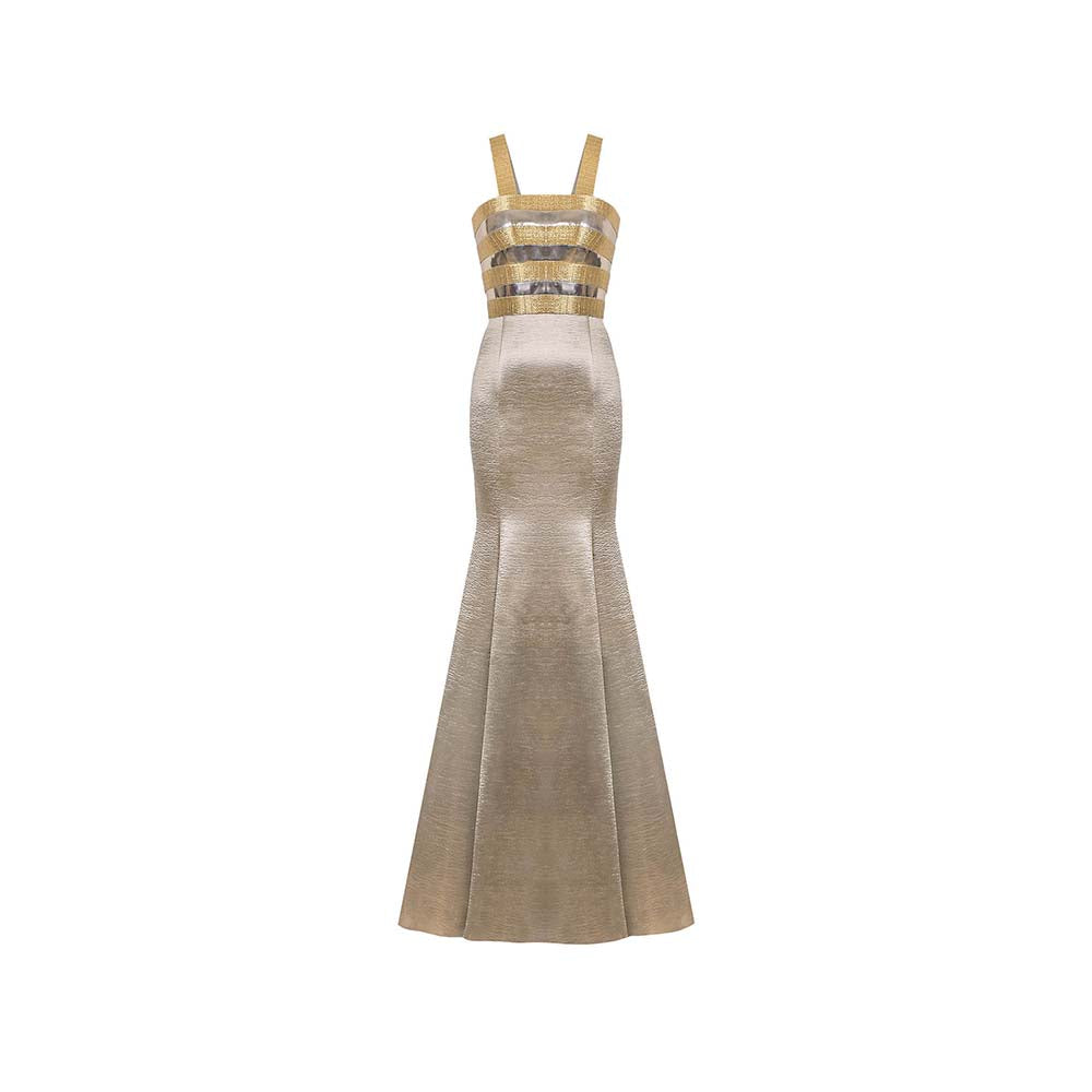 AKHL Gold Metallic Fishtail Train Dress