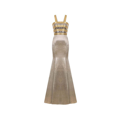 AKHL Gold Metallic Fishtail Train Dress