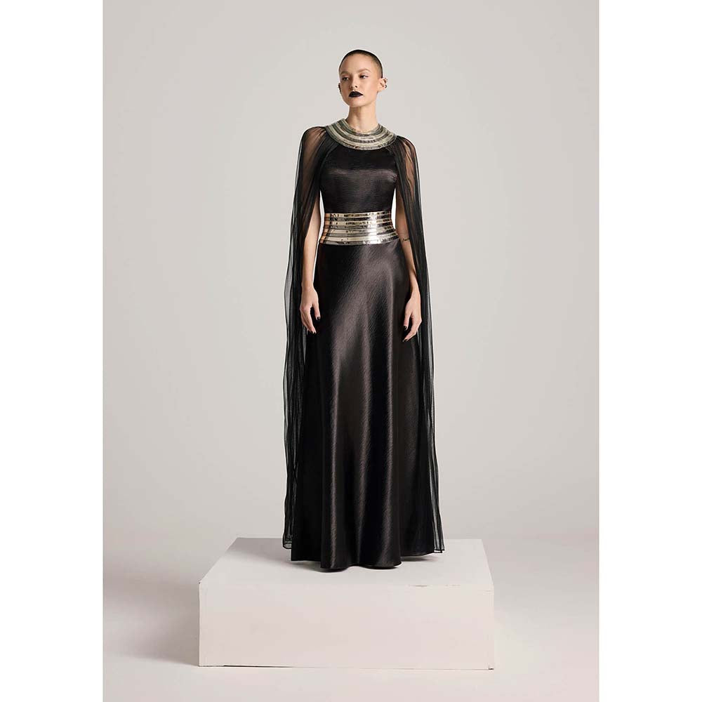 AKHL Black Textured Satin Dress with Attached Cape