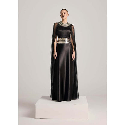 AKHL Black Textured Satin Dress with Attached Cape