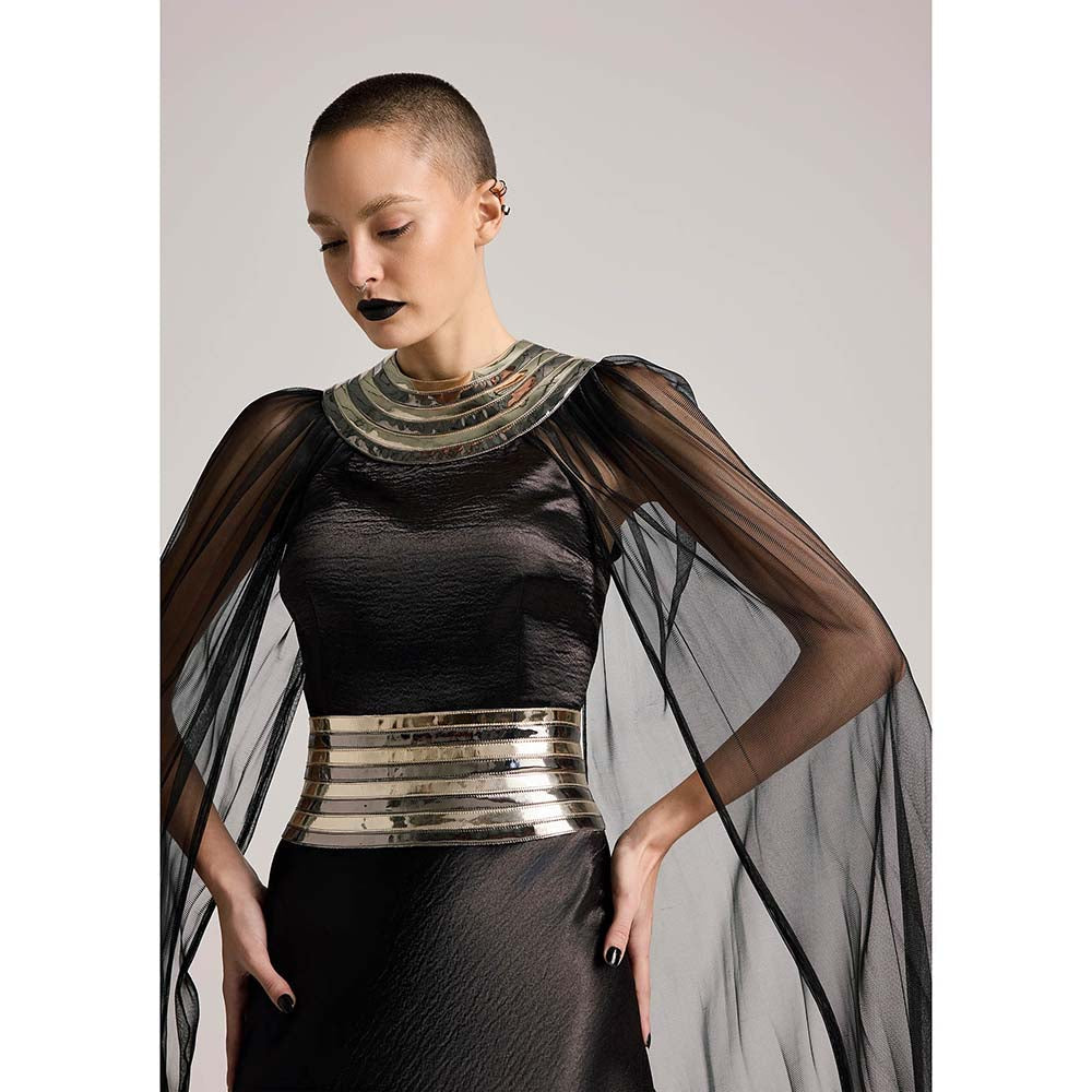 AKHL Black Textured Satin Dress with Attached Cape