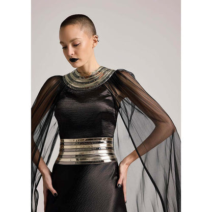 AKHL Black Textured Satin Dress with Attached Cape