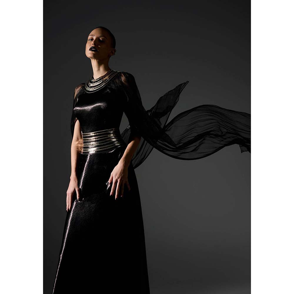 AKHL Black Textured Satin Dress with Attached Cape