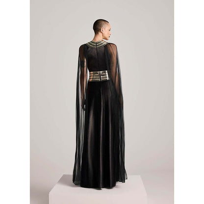 AKHL Black Textured Satin Dress with Attached Cape