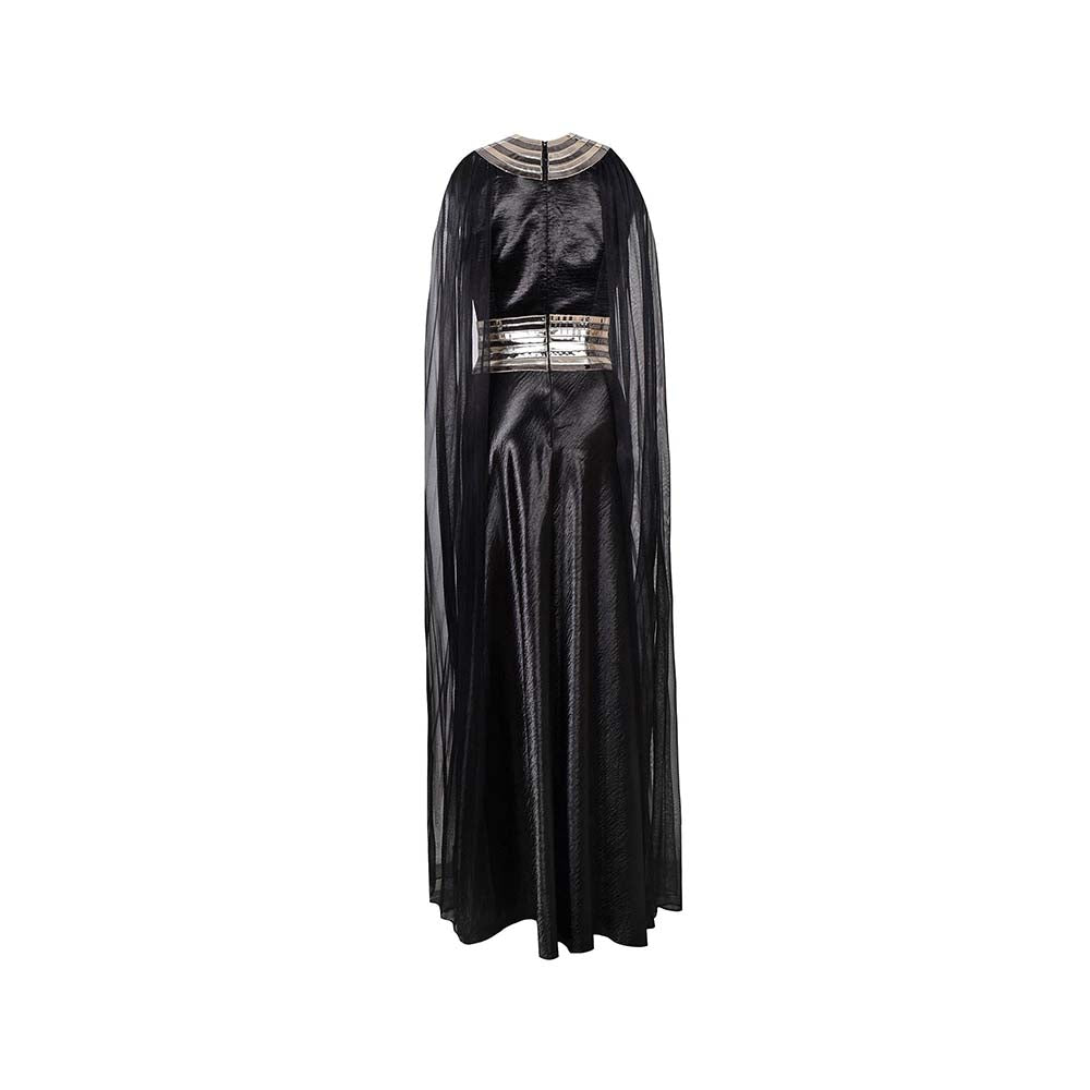 AKHL Black Textured Satin Dress with Attached Cape
