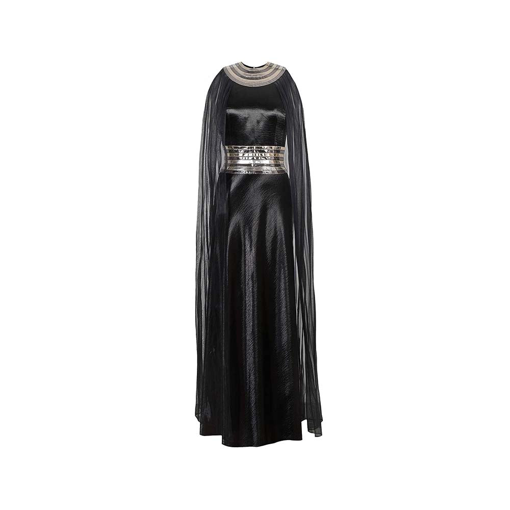AKHL Black Textured Satin Dress with Attached Cape