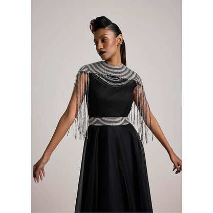 AKHL Black Sequins Tassel Cape with Dress and Belt (Set of 3)
