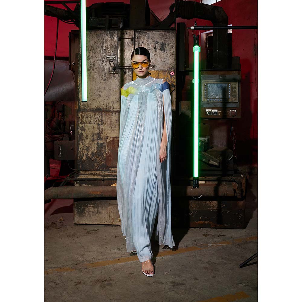 AKHL Blue Wave Glass Cape Sleeves Dress