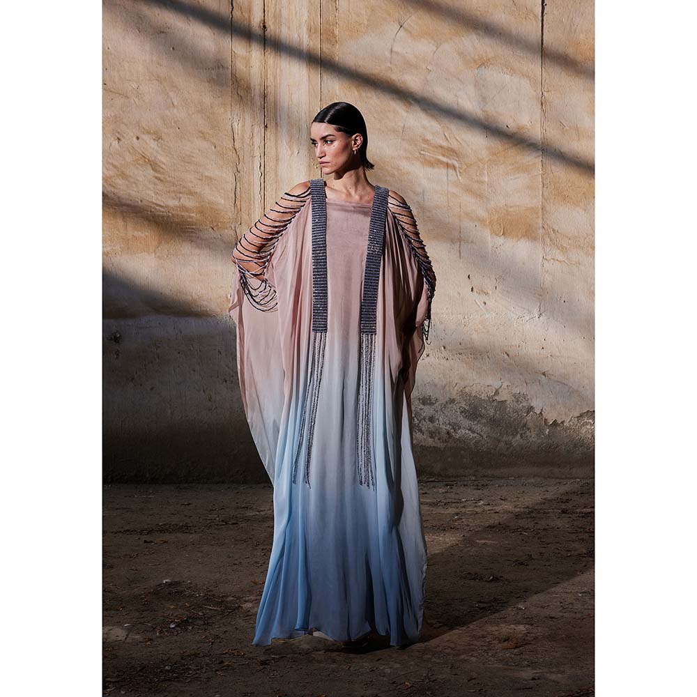 AKHL Blue Gradient Sequins Tassel Kaftan Dress with Slip (Set of 2)